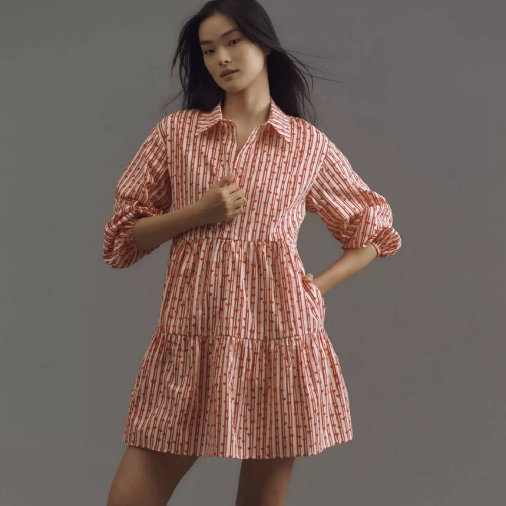 Maeve Red & White Heart Striped Tiered Mini Shirt Dress